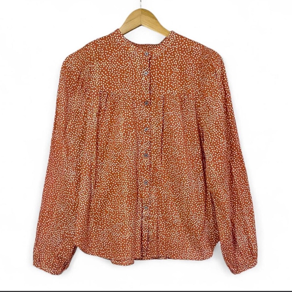 LOFT peach/rust polka dot long-sleeve flowy blouse w/ metallic accents